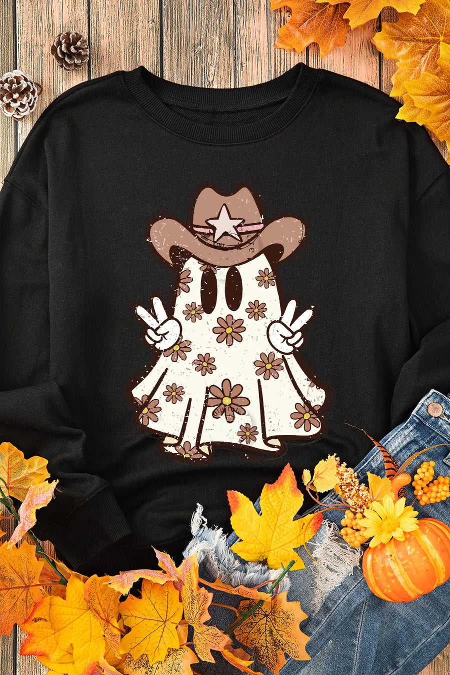 Black crewneck sweatshirt with a cowboy ghost graphic wearing a brown hat and holding peace signs.