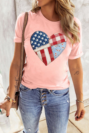 Pink t-shirt with patriotic heart graphic, short sleeves, crew neck.