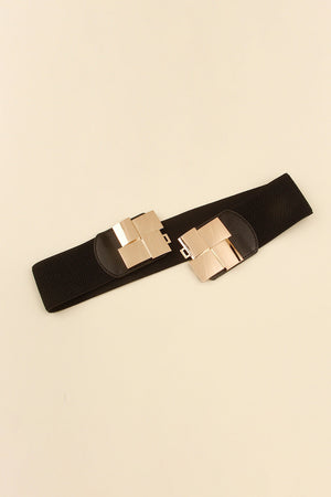 Black stretch belt with gold geometric buckle detail