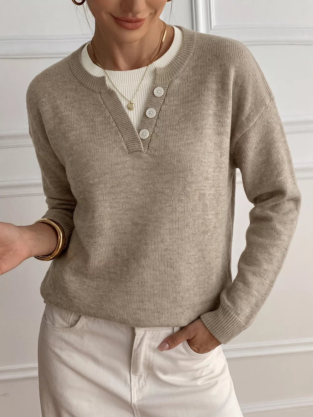Khaki Dropped Shoulder Long Sleeve Sweater