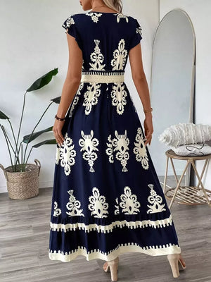 Ruffled Printed V-neck Maxi Dress in Dark Navy