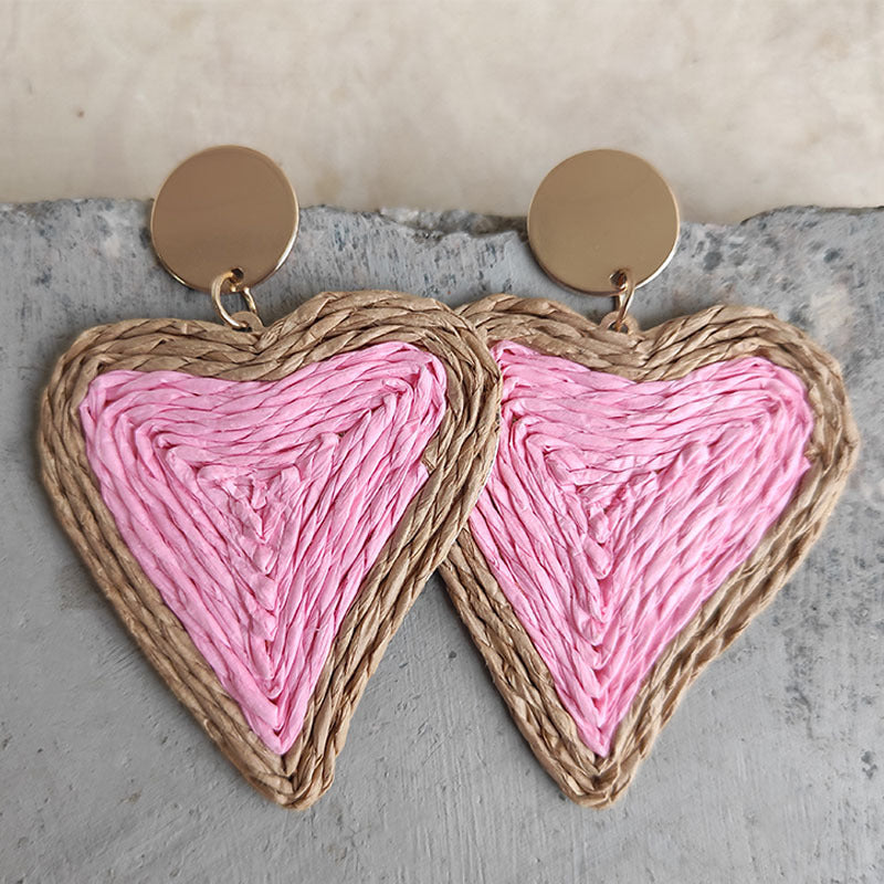 Pink heart shaped raffia earrings with gold stud