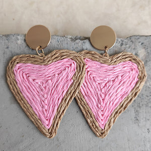 Pink heart shaped raffia earrings with gold stud