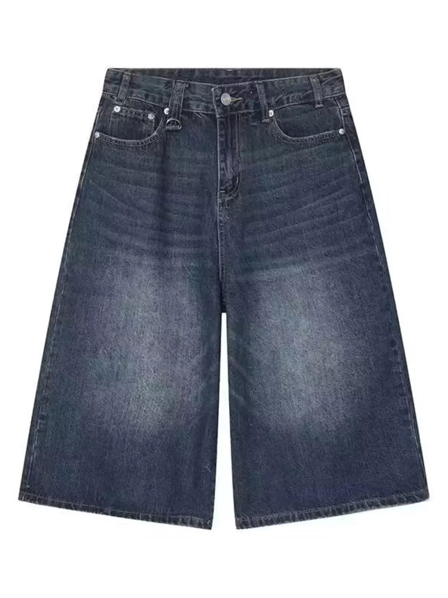 Dark wash wide-leg denim culotte shorts with a vintage feel.