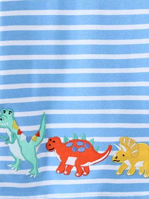 Baby long-sleeve tee in sky blue with white stripes and embroidered dinosaur appliques.
