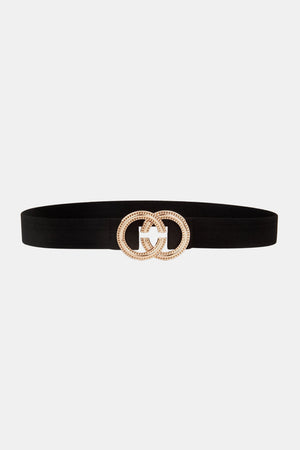 Black stretch belt with double hoop embellished buckle