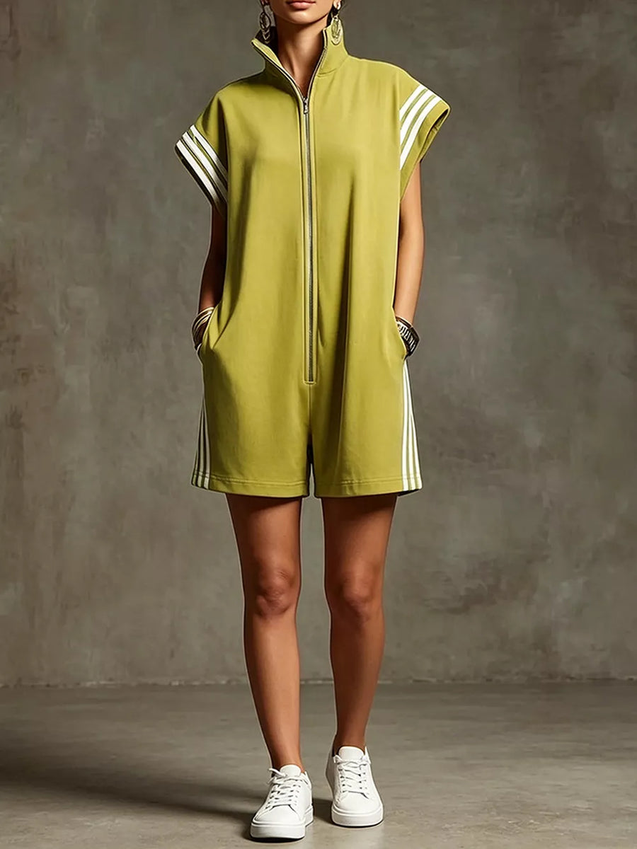 Striped Zip Front Romper in White