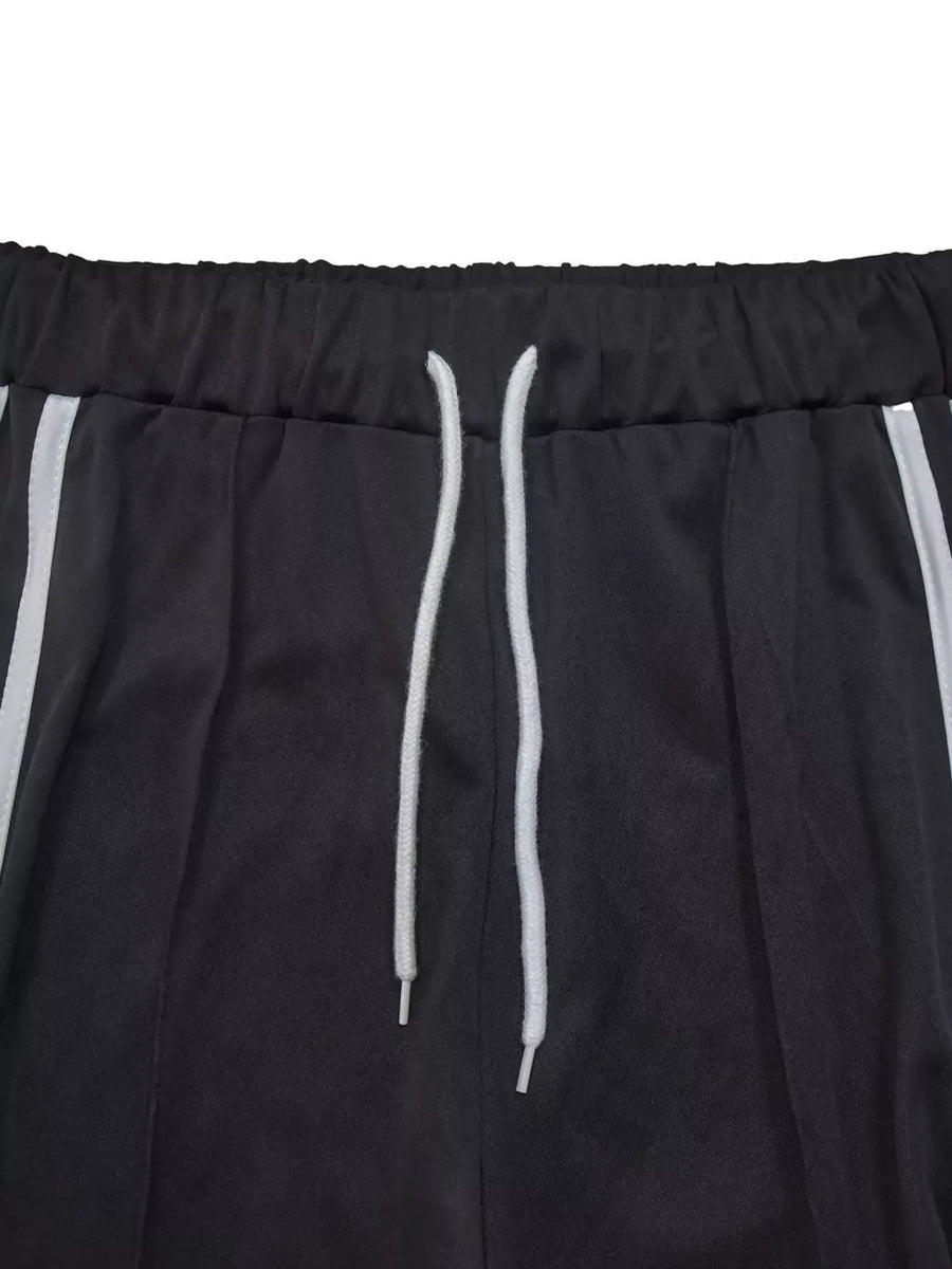 Black wide-leg pants with drawstring and white side stripes