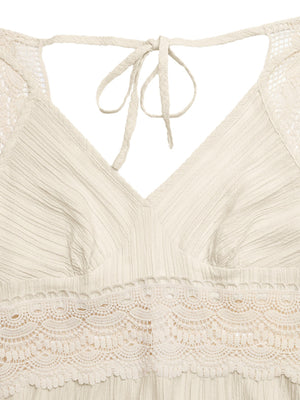 Apricot lace trim V-neck maxi dress with crinkled texture and tie back detail.