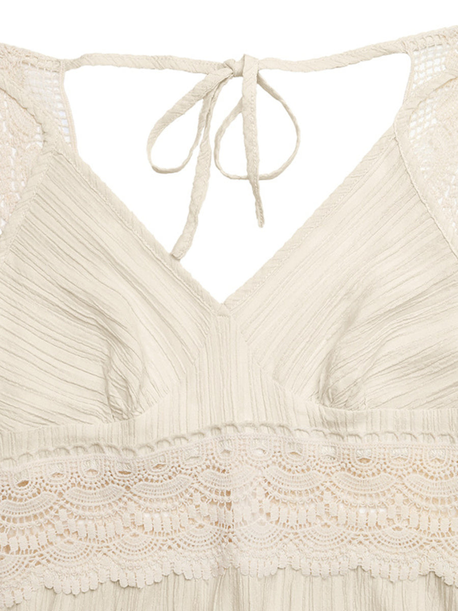 Apricot lace trim V-neck maxi dress with crinkled texture and tie back detail.