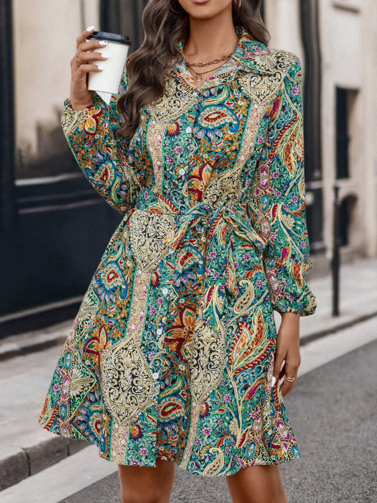 teal shirt dress with paisley and collared
