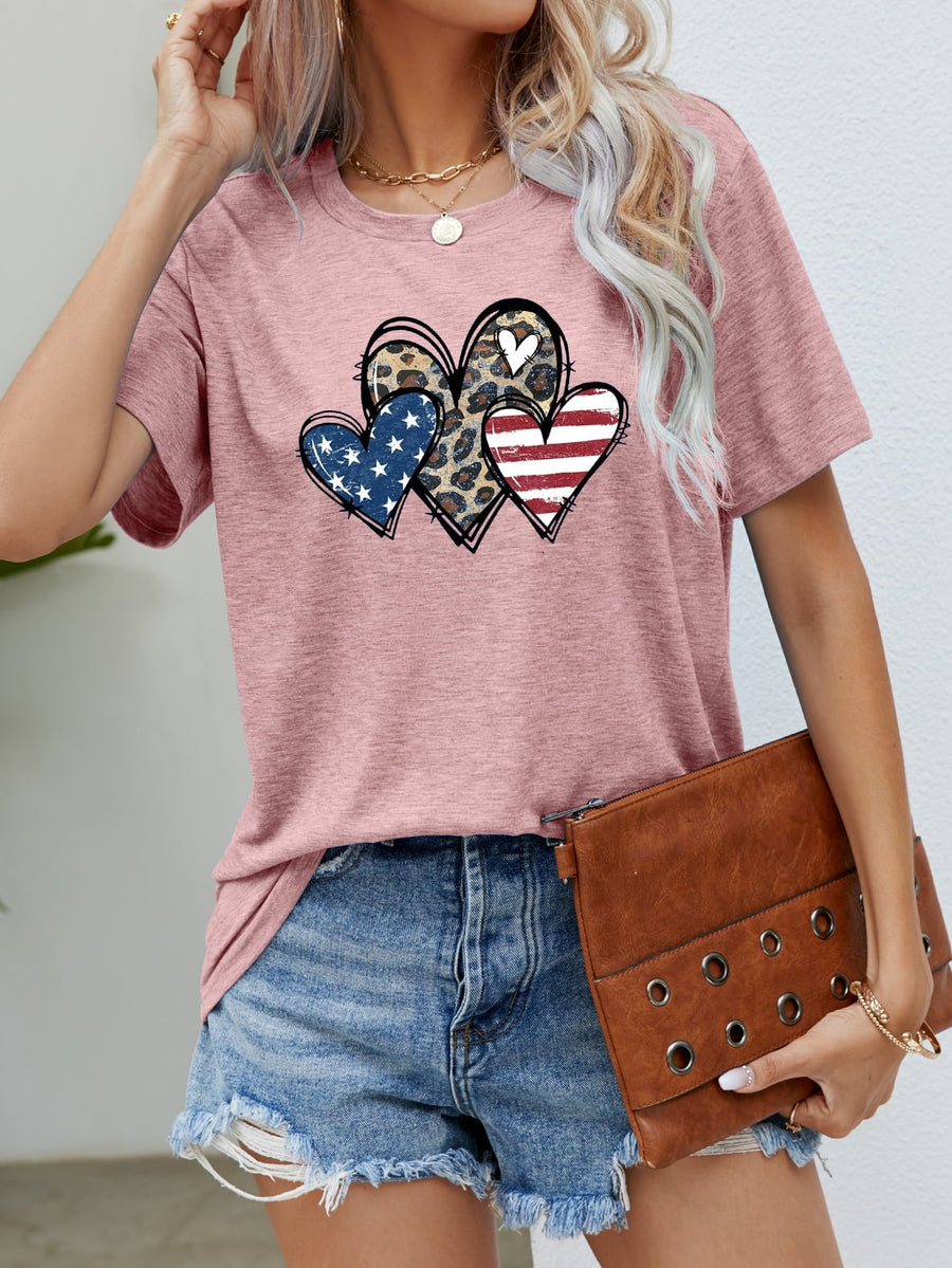 Dusty Pink t-shirt with three hearts graphic: leopard print, American flag, and white heart.