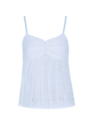 Light blue textured sweetheart neck cami top with lace trim and ruched bust.