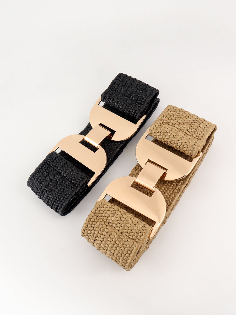 Textured raffia belts in black and khaki with gold-tone buckle detail