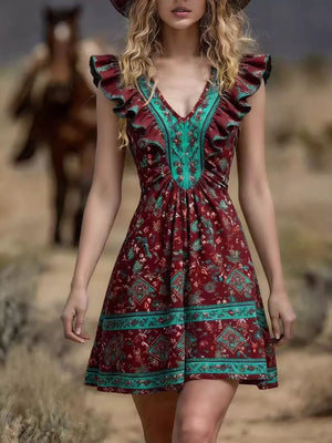 Navy Ruffled V-neck Mini Dress