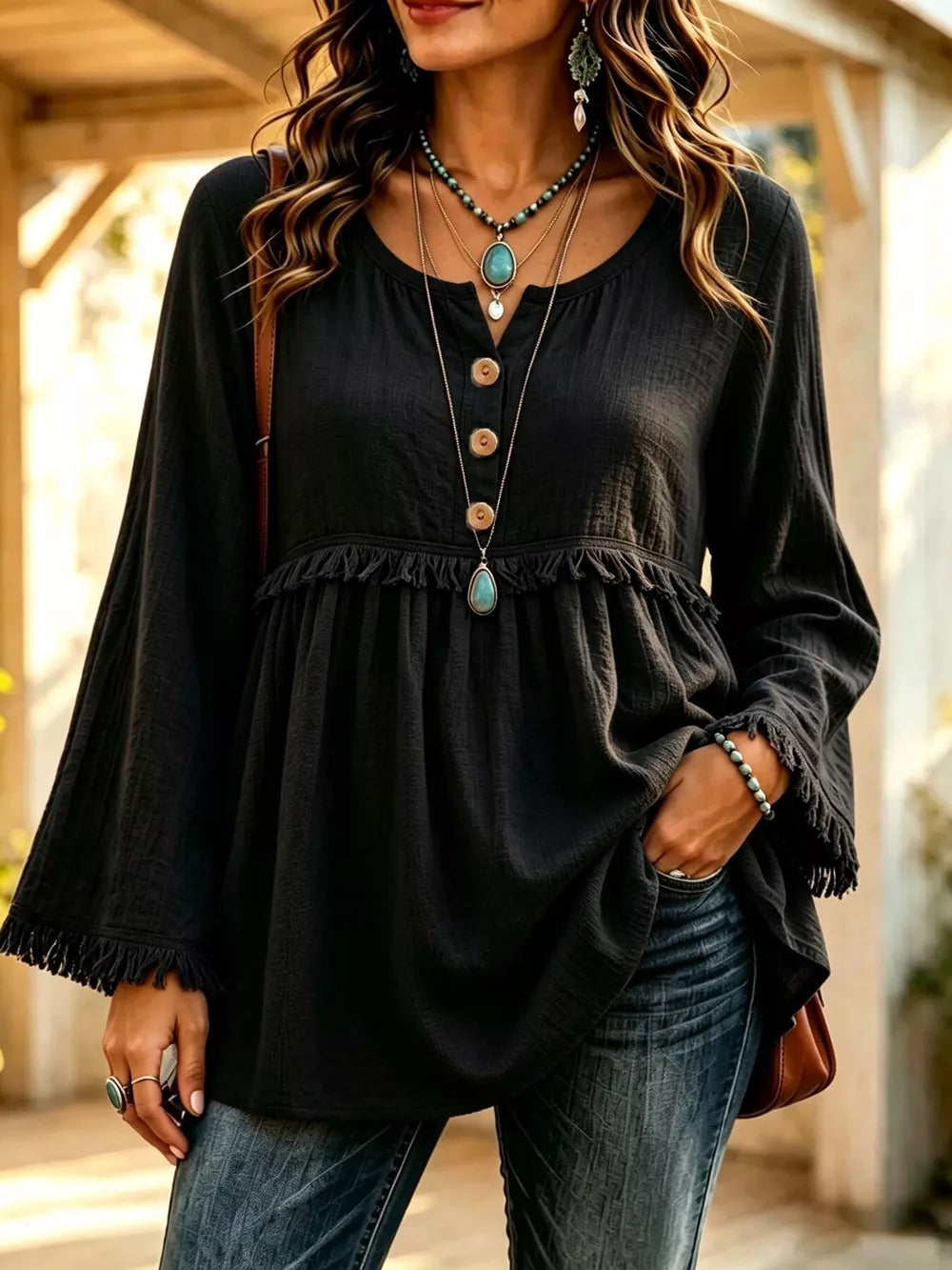 blouse in Dusty Pink with fringe and hip-length
