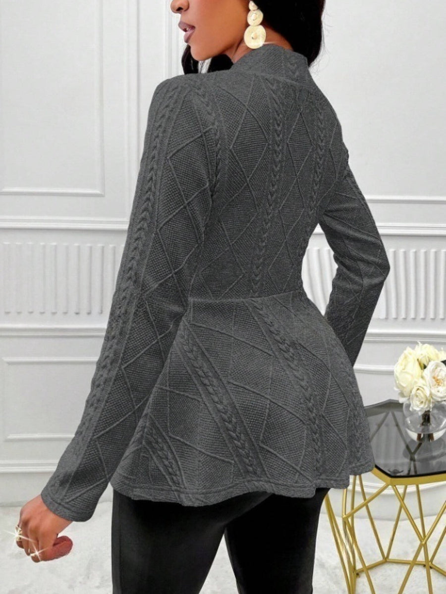 Gray textured knit peplum blazer with diamond and cable knit patterns.