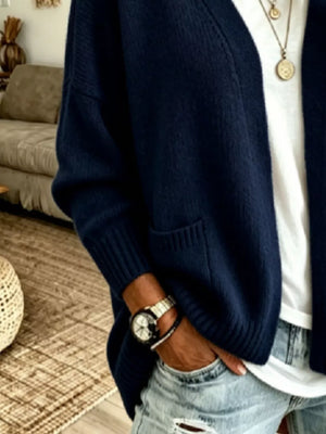 Open Front Knit Cardigan With Pockets in Pink