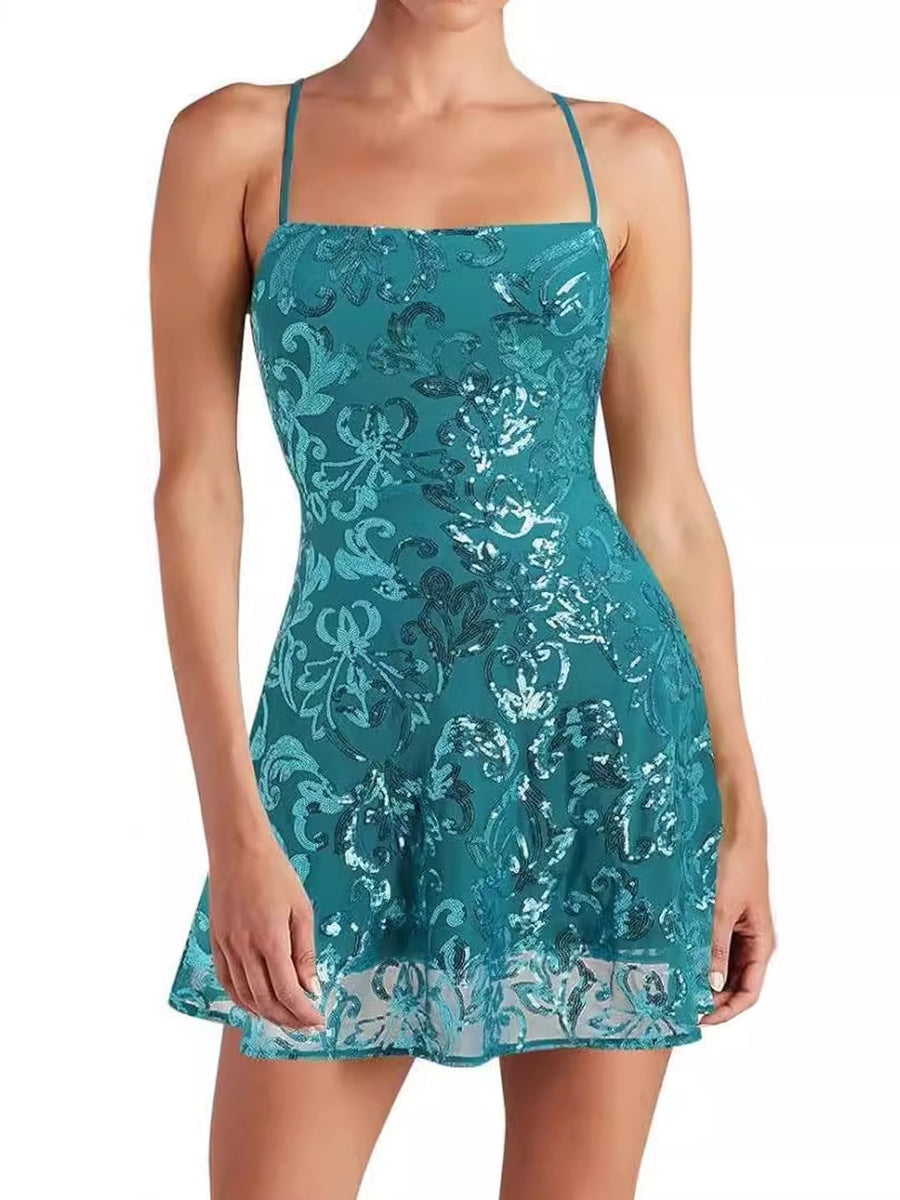 Gold mini dress with back-zip and floral