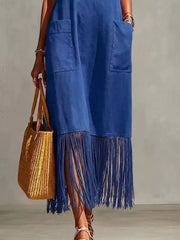 Full Size Fringe V-neck Spaghetti Strap Dress in Yellow