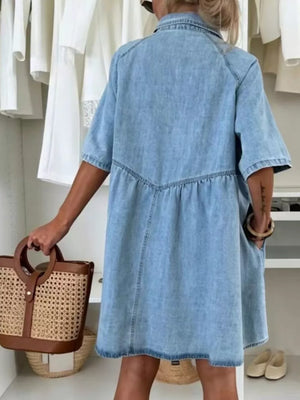 light blue shirt dress with mini and button-front