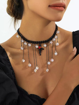 Black with Gothic Rose Cross Dangle Necklace Alloy Resin