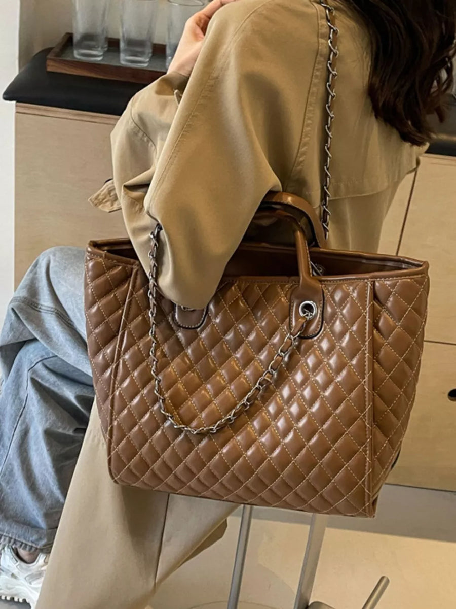 Quilted Chain Shoulder Bag in Brown