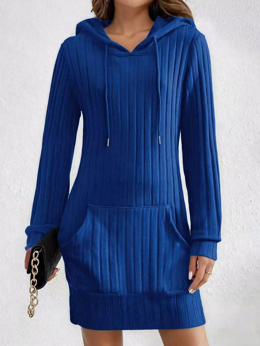 Women's blue ribbed knit hoodie dress with drawstring and front pocket.