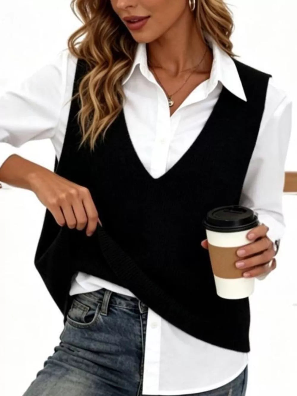 Black Chic V-neck Sleeveless Knit Sweater Vest Plus Size