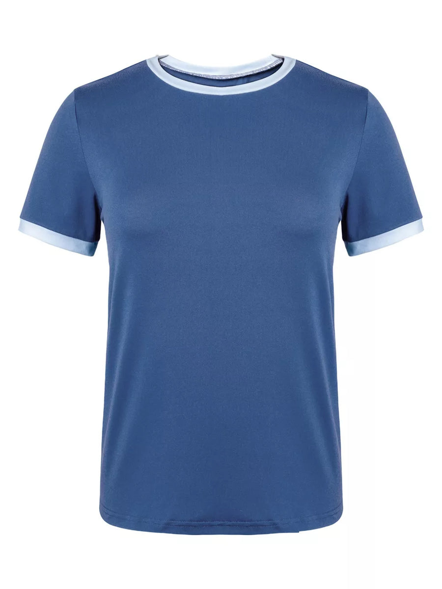 Dark Blue relaxed fit t-shirt with contrast trim on neckline and sleeves.