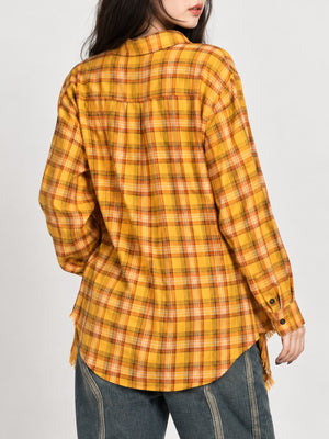 Cotton content is at least 70% but less than 80%, blended with other fibers button-up shirt in Yellow with oversized