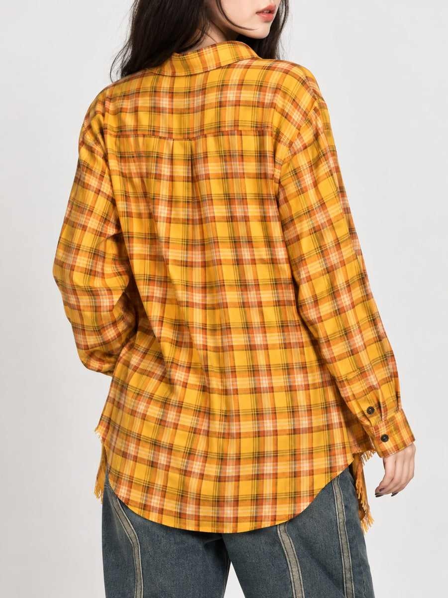 Cotton content is at least 70% but less than 80%, blended with other fibers button-up shirt in Yellow with oversized