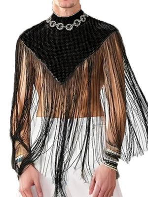 Black embellished collar fringe overlay top with sheer sleeves and V-neck detail.