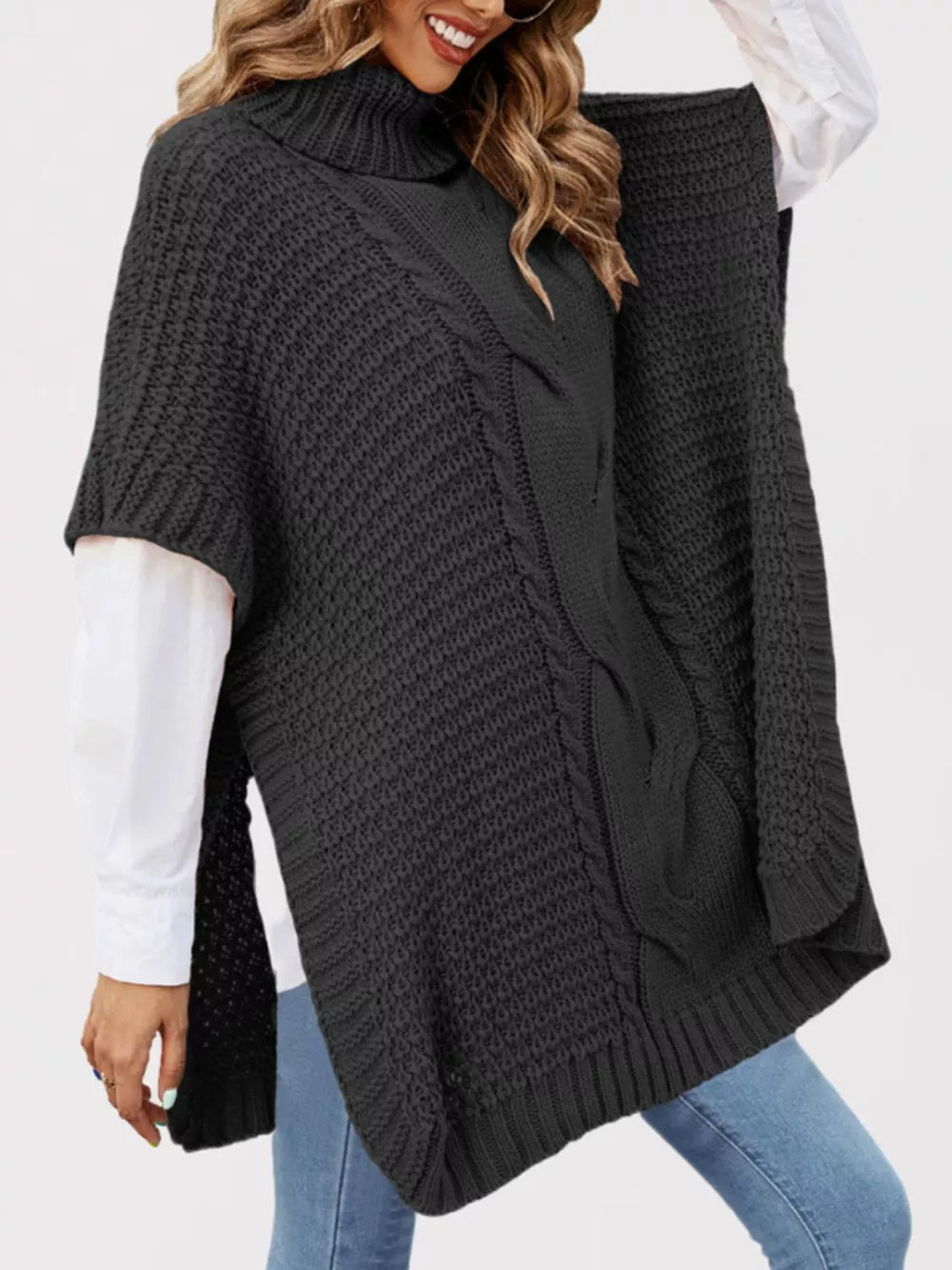 Khaki turtleneck sweater with ribbed and short sleeve