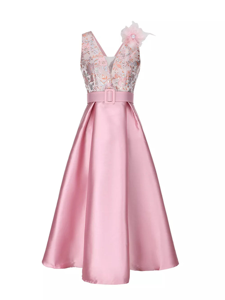 Pink midi dress with floral appliqué bodice, V-neck, belted waist, and a-line skirt.