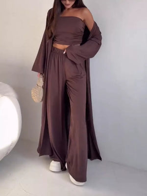 Strapless Ruched Crop Top & Wide-leg Pants Set in Dark Brown