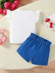 Girls' white tee with ruffled sleeves and royal blue shorts set
