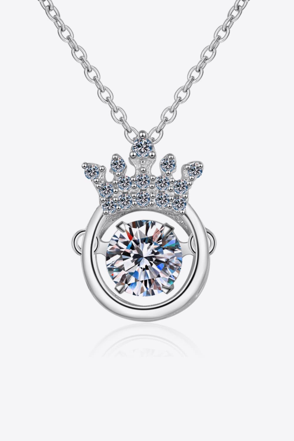 Silver pendant necklace with a crown design and a sparkling center stone.
