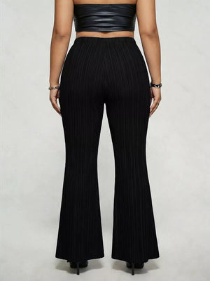 Black ribbed high-waist flare maternity trousers with a buckle detail.