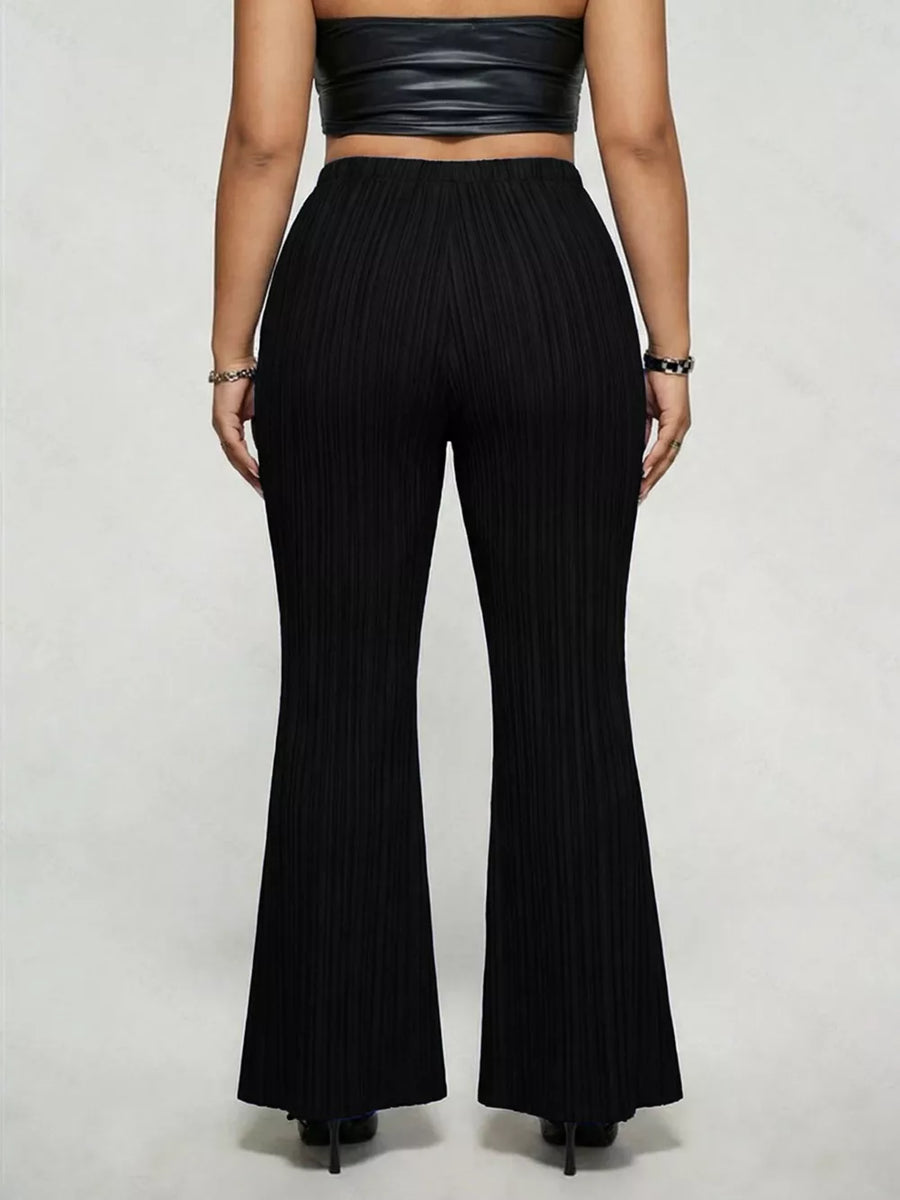 Black ribbed high-waist flare maternity trousers with a buckle detail.