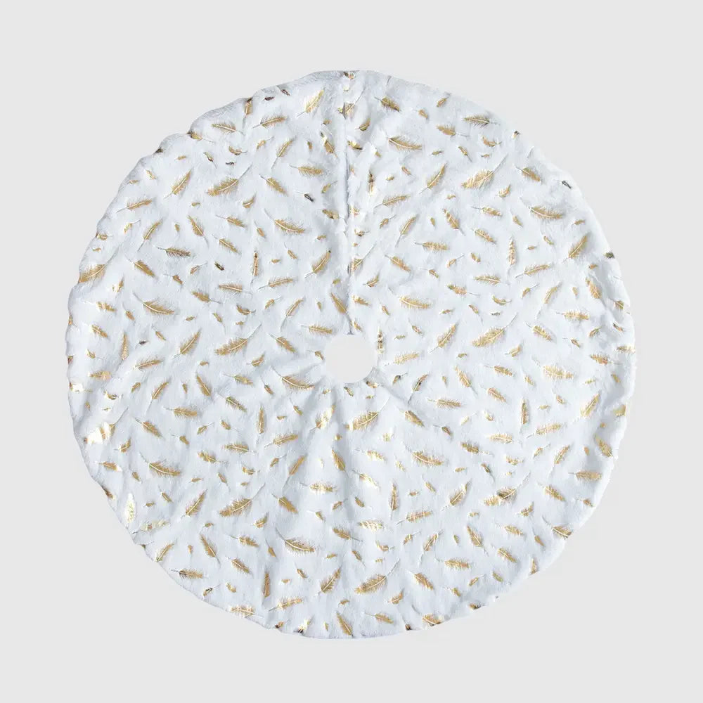 White Christmas tree skirt with gold feather pattern, Style A