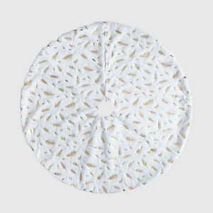 White Christmas tree skirt with gold feather pattern, Style A