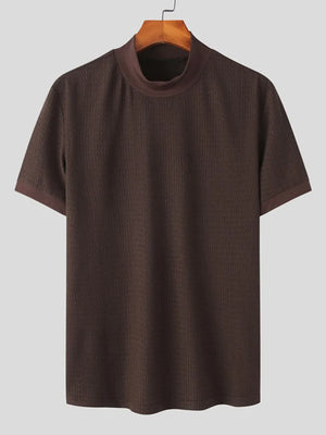 Textured knit mock neck tee in coffee brown with short sleeves.