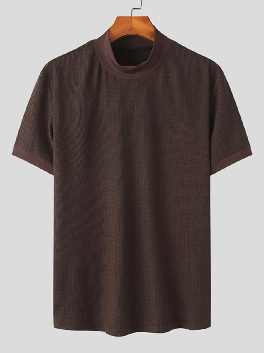 Textured knit mock neck tee in coffee brown with short sleeves.