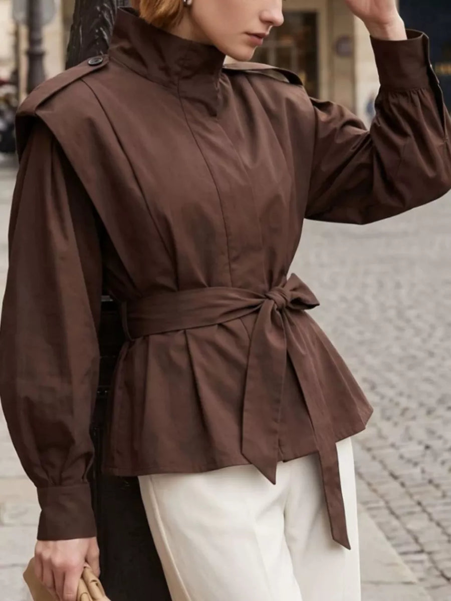 trench coat in Black with belted and hip-length