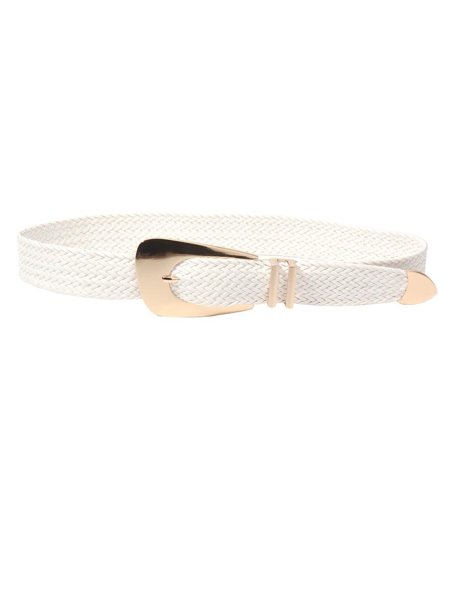 White woven raffia belt with gold-tone buckle and tip.