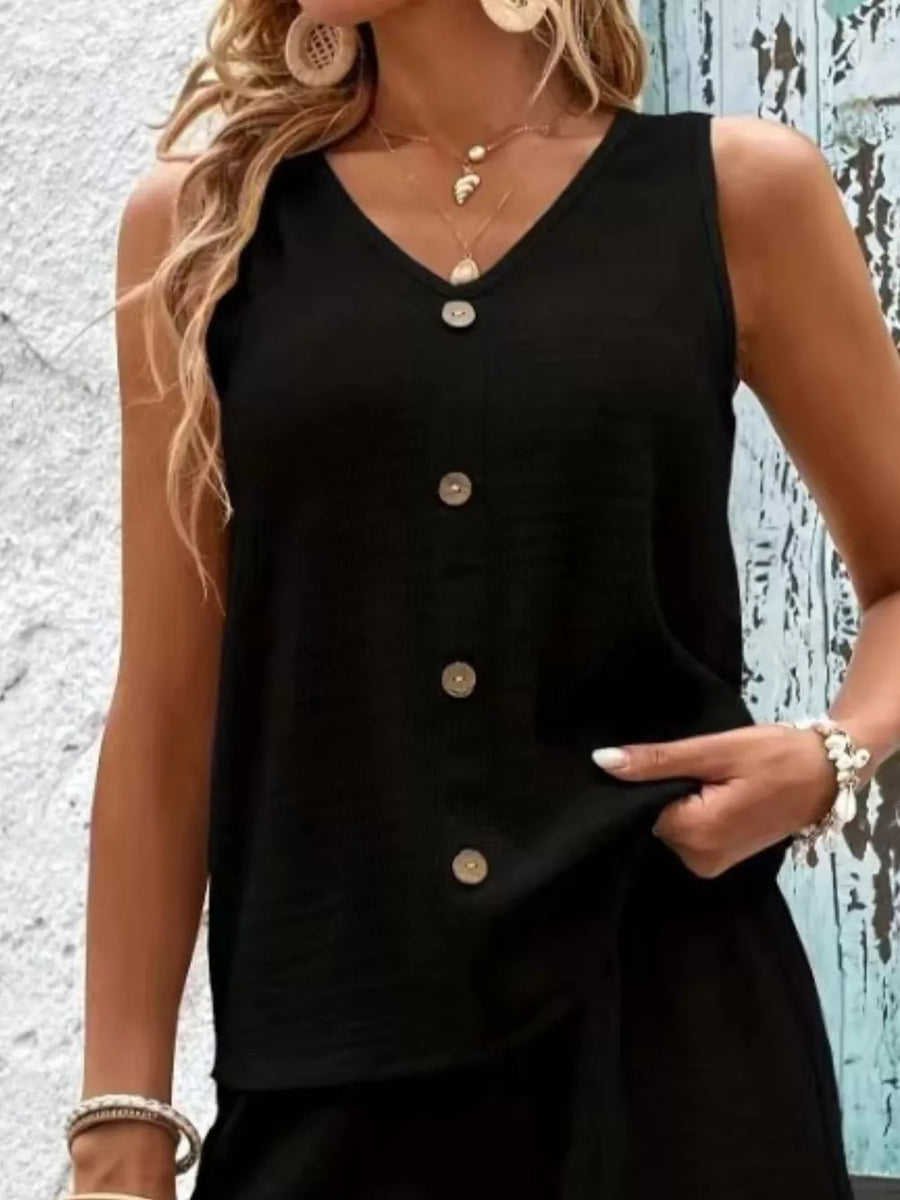 Black V-neck tank top with button front detail, part of a set.