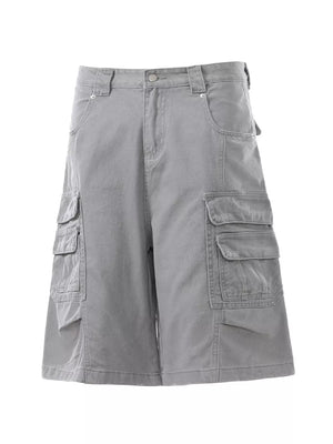 Grey cargo capris for men with multiple pockets.