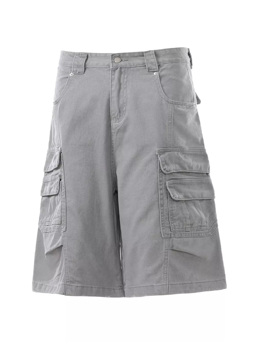 Grey cargo capris for men with multiple pockets.
