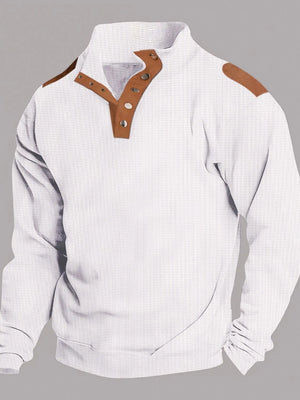 White waffle knit henley shirt with brown suede shoulder patches and collar accents.